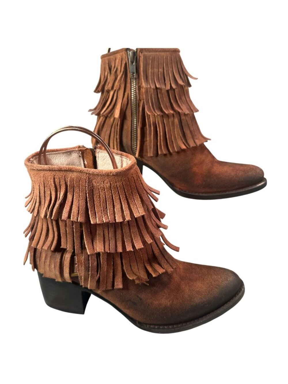 FreeBird Steven Belle Fringe Ankle Boots Women Distressed Suede Buckle Zipper